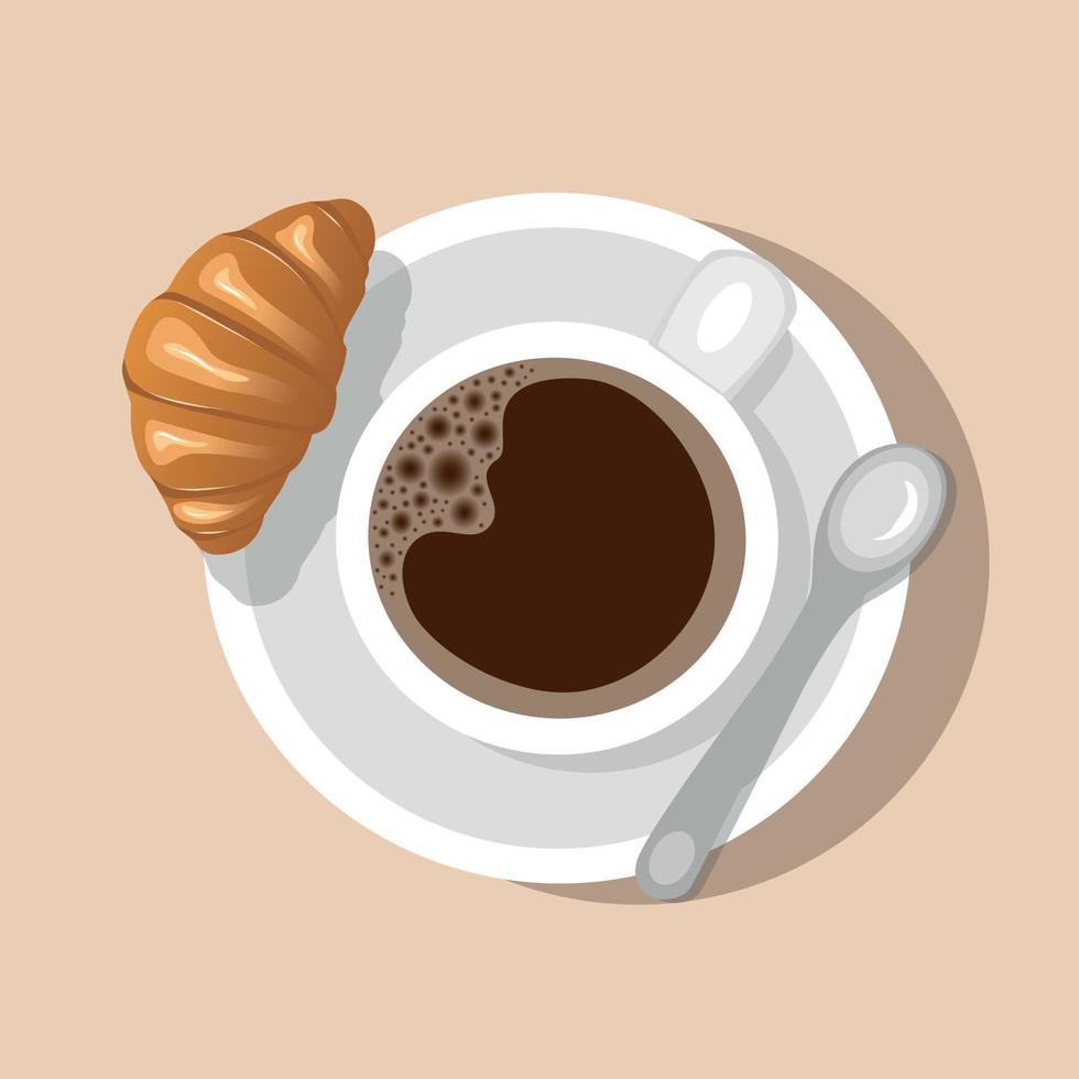 Cup of coffee and croissant. Top view. Vector illustration.