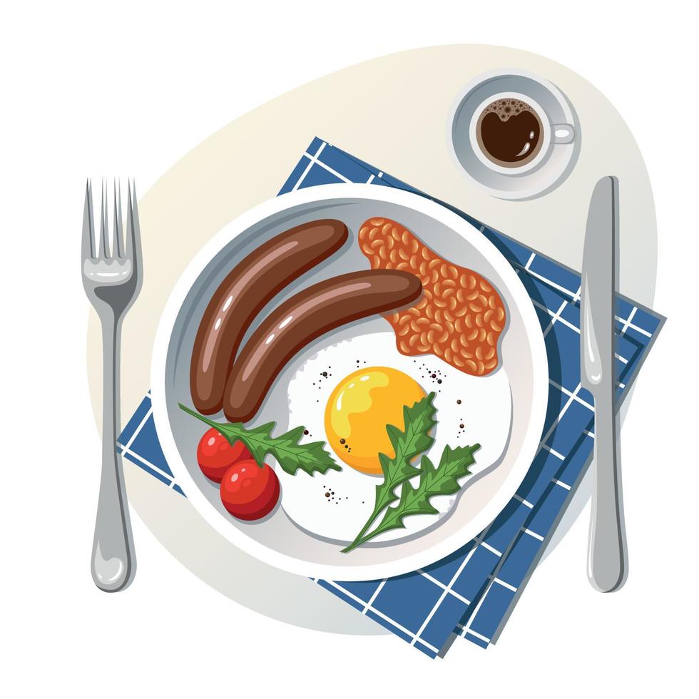 Desayuno inglés. un plato de huevos revueltos, salchichas, tomates. taza de cafe. comida, cocina, menú de desayuno, concepto de comida fresca. vector