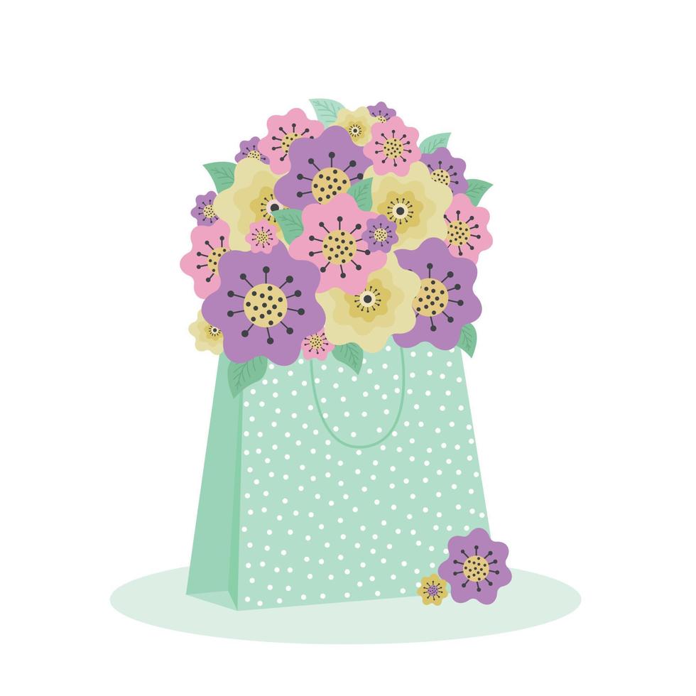 Colorful blooming flowers in a bag. Colorful spring bouquet. Summer flat vector illustration