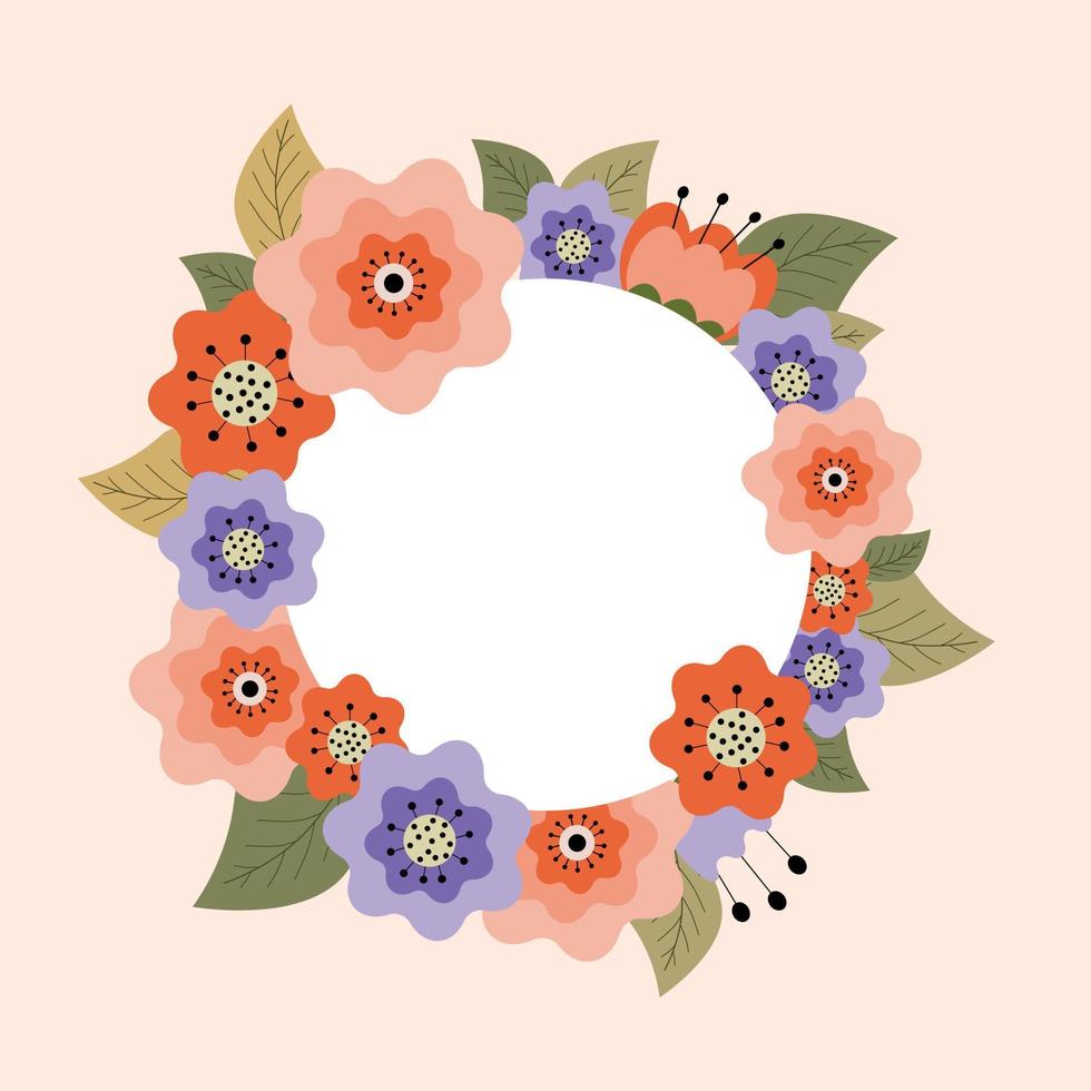 hermosa tarjeta con una corona redonda de flores diferentes. marco de círculo para su texto. invitación floral o tarjeta de felicitación, ventas y otros eventos vector