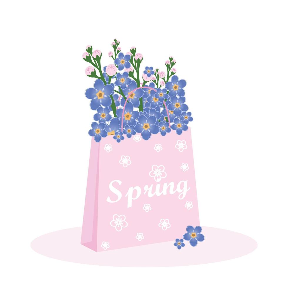 Blue forget-me-nots in a bag. Bouquet of forget-me-nots. Spring flowers. Holiday gifts. vector