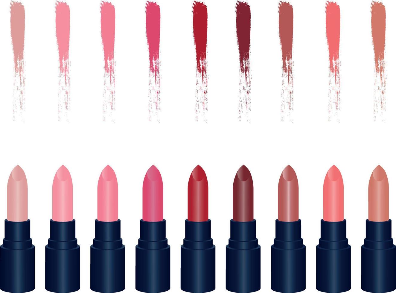 Set of colored lipsticks. Lipstick collection. Lipstick palette. Makeup. Vector illustration.