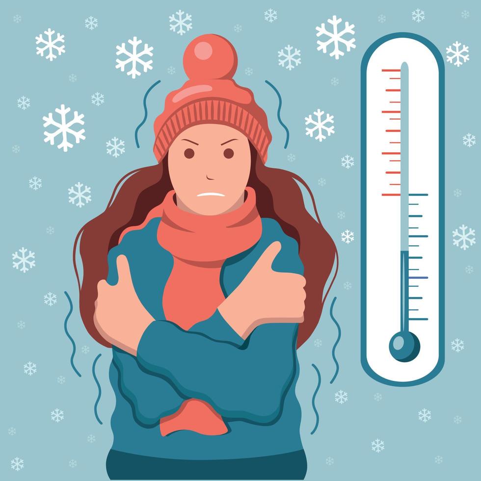 A woman froze in winter with a cold temperature. Meteorology thermometer. vector