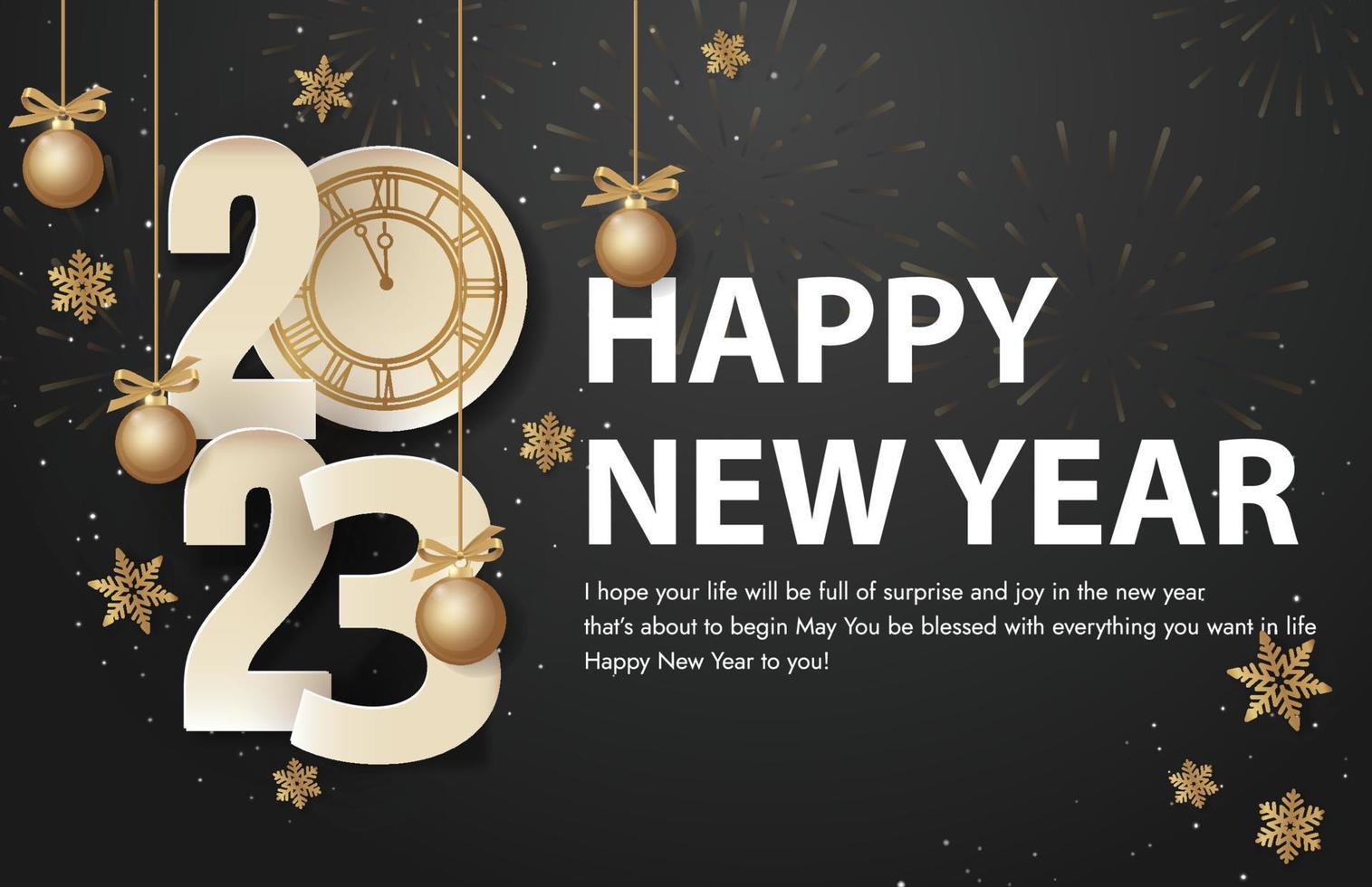 Happy new year 2023. Celebration background  Vector party balloons illustration. Confetti and ribbons flag ribbons, Celebration background template dark black background. Holiday greeting card design.