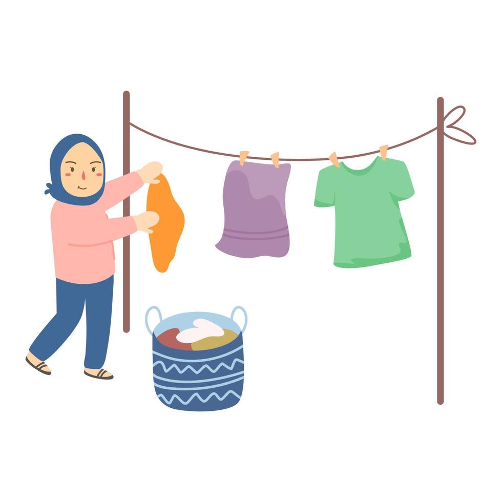 woman hijab hanging wet clothes out to dry vector