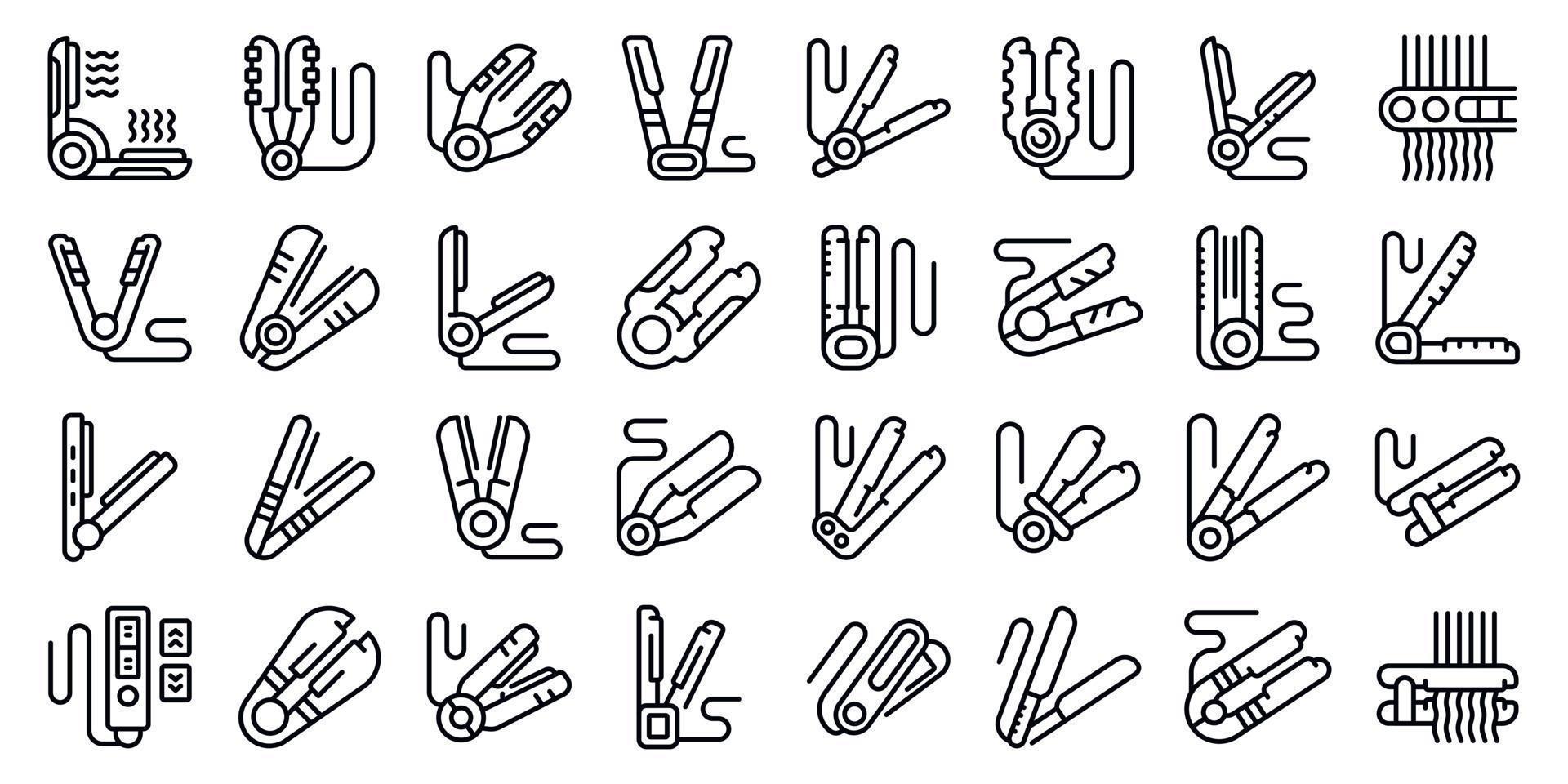 Hair straightener icons set outline vector. Salon iron vector