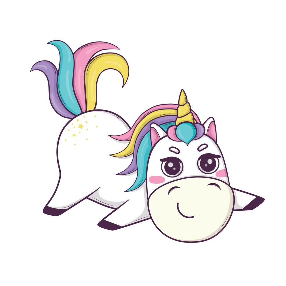 lindo unicornio kawaii con melena de arco iris y cuerno en estilo anime adorable fantasía manga lindo vector arte mágico creativo diseño de cuento de hadas.