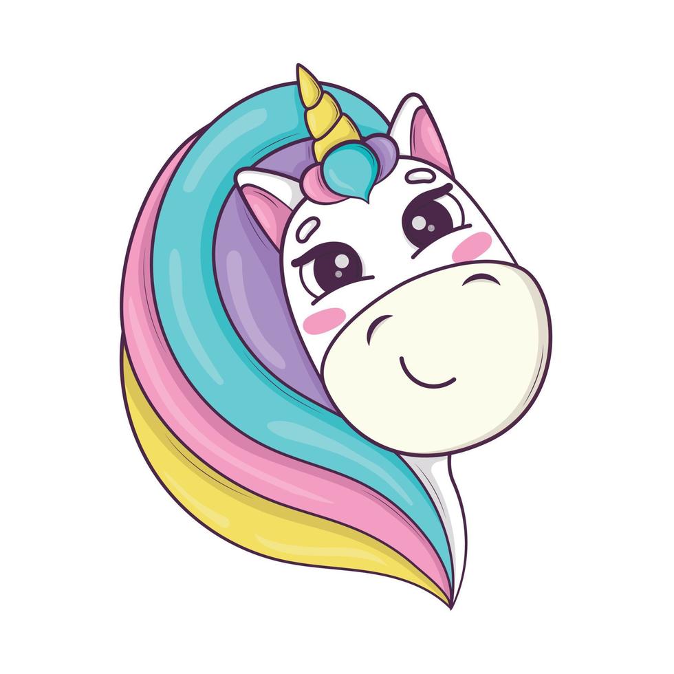 Cute kawaii unicorn head with rainbow mane and horn in anime style vector