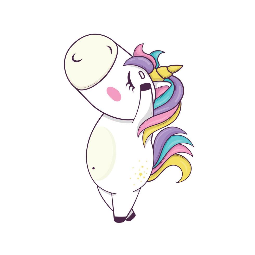 lindo unicornio kawaii con melena de arco iris y cuerno en estilo anime está bailando vector