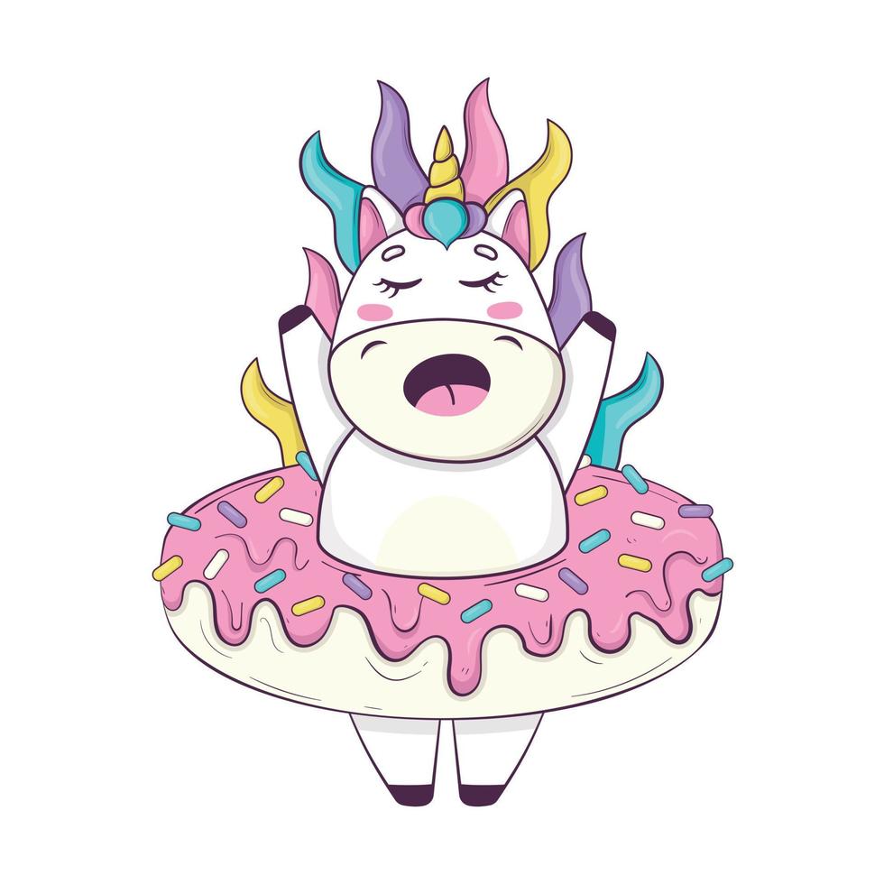 Cute kawaii unicorn with rainbow mane and anime style horn climbed into a donut vector