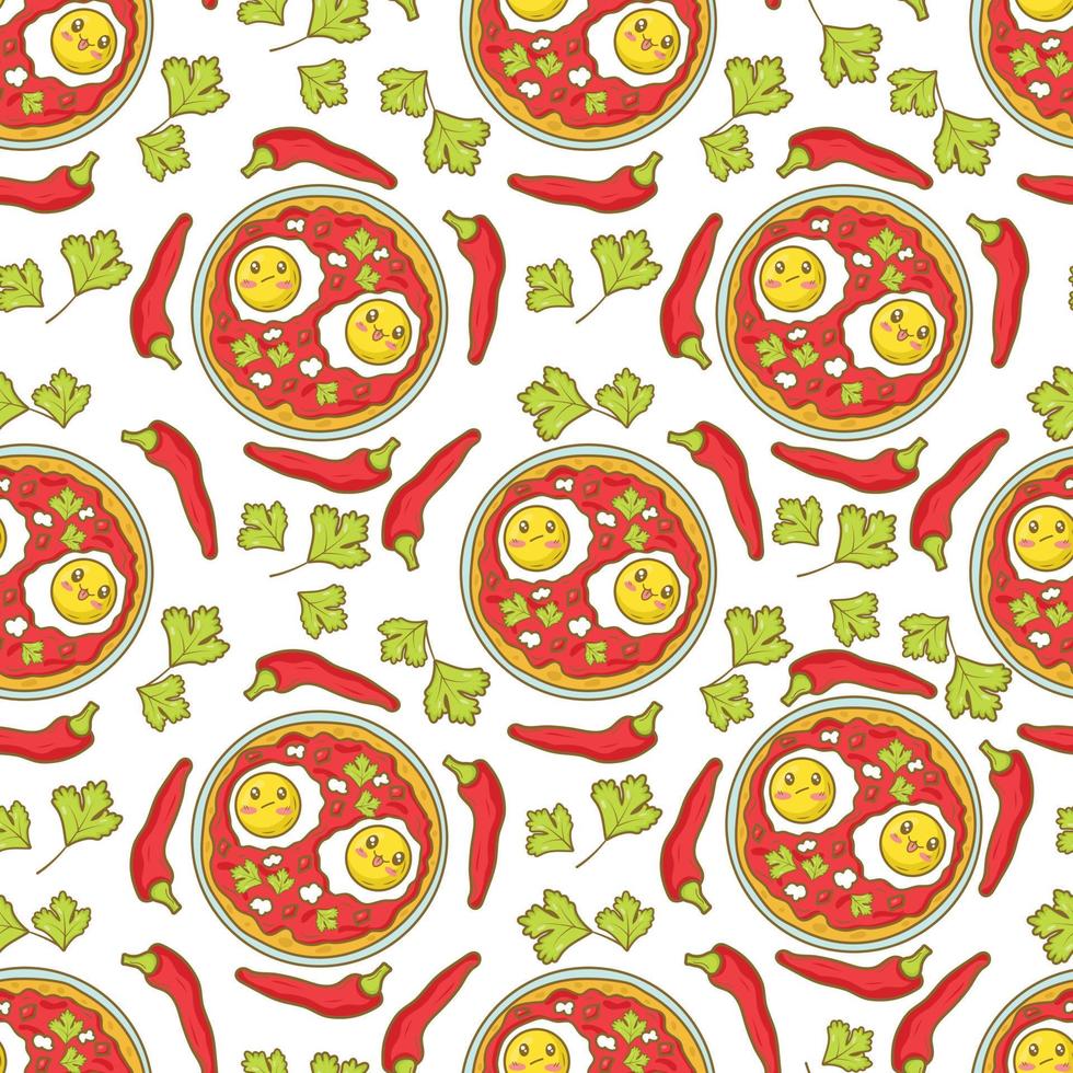 Seamless pattern with mexican baltun scrambled eggs Huevos rancheros with salsa and funny faces in doodle cartoon style isolated on white background vector