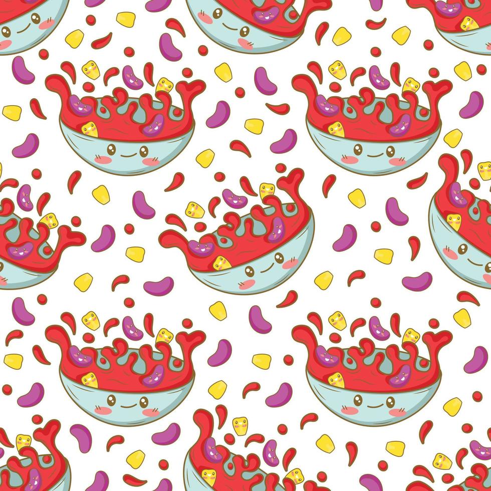 Seamless pattern with Mexican bean soup with funny faces in doodle cartoon style isolated on white background vector