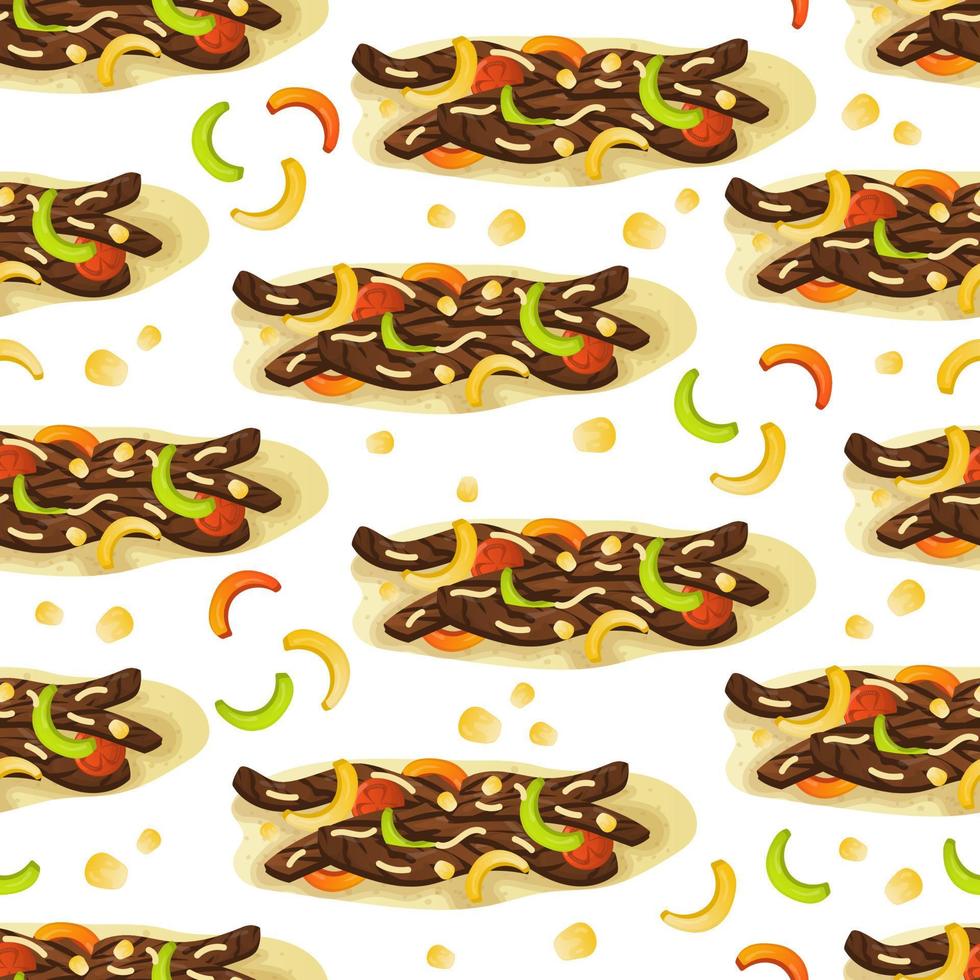 Seamless pattern with mexican food fajita and bell pepper slices. Fast food restaurant and street food snacks, meat tortillas, takeaway food delivery vector