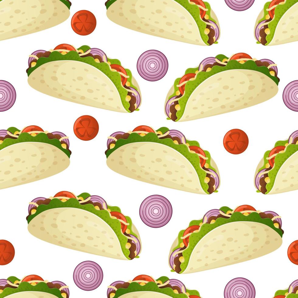 Seamless pattern with mexican food tacos, onion and tomato rings. Fast food restaurant and street food snacks, meat tortillas, takeaway food delivery vector