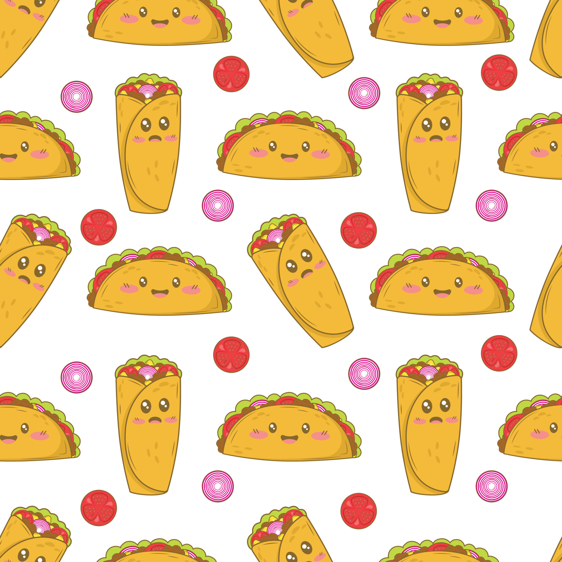 Seamless pattern with mexican burritos and tacos with funny faces in