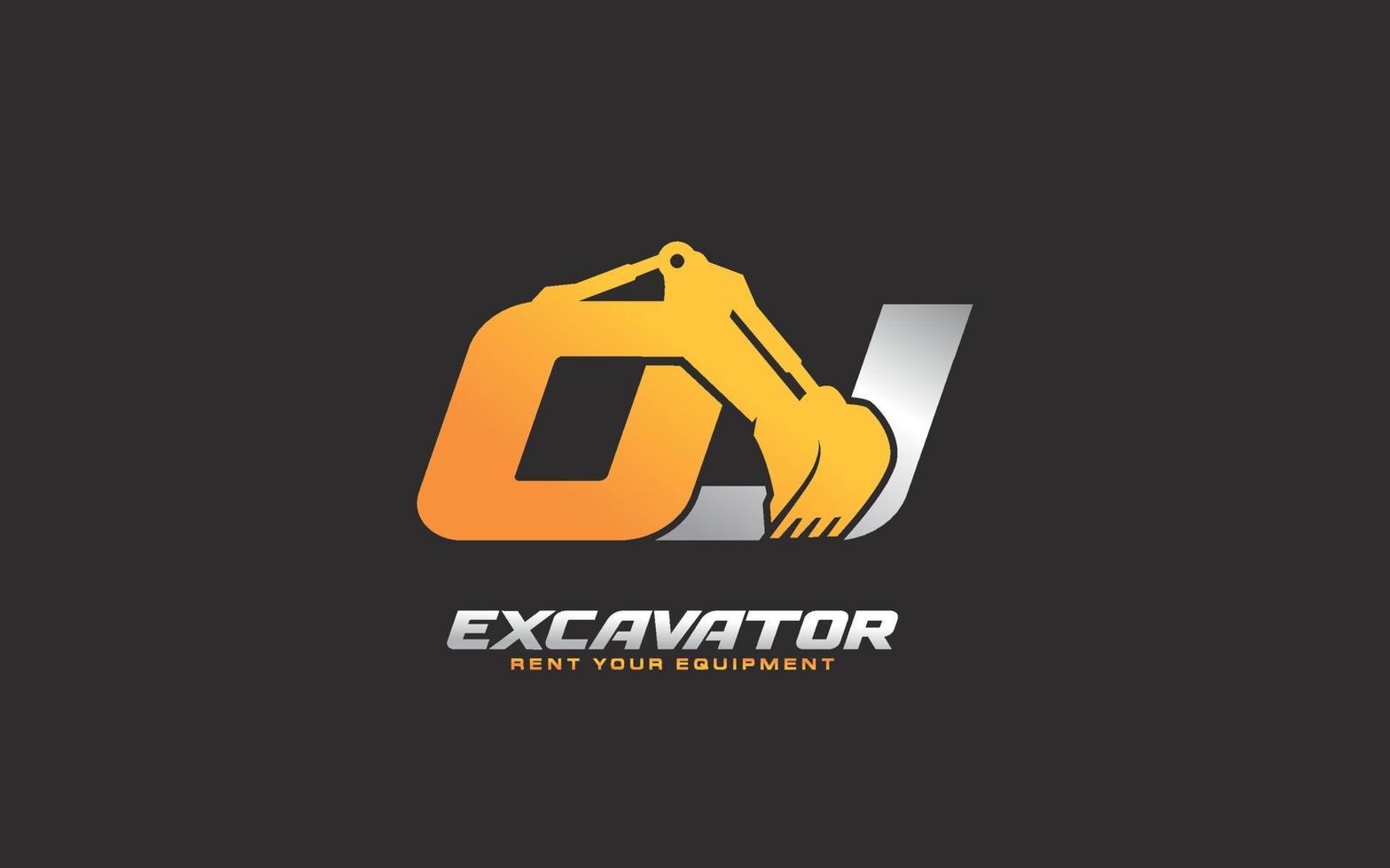 OJ logo excavator for construction company. Heavy equipment template vector illustration for your brand.