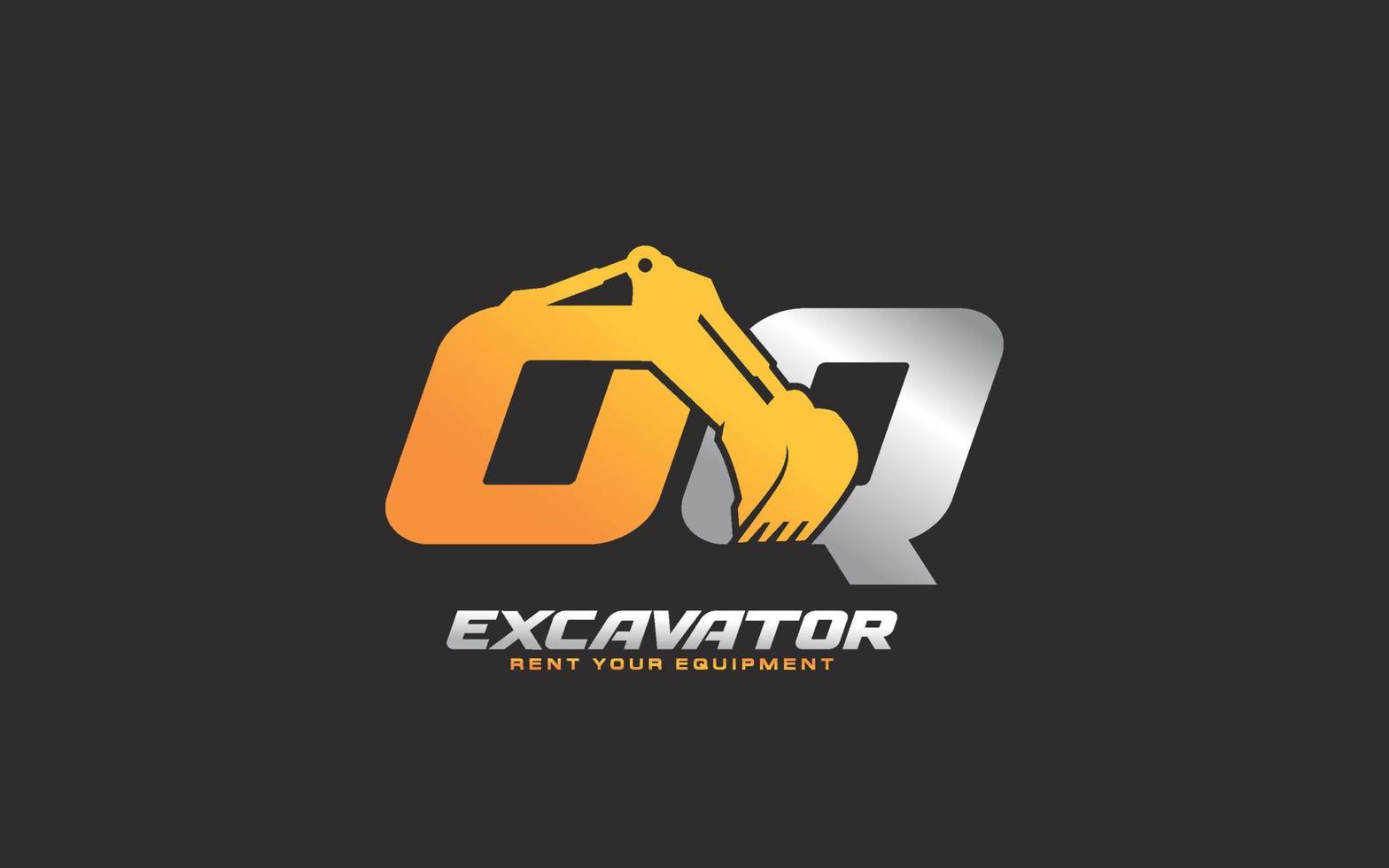 OQ logo excavator for construction company. Heavy equipment template vector illustration for your brand.