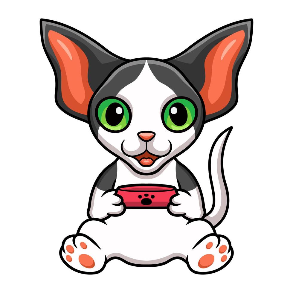 Cute oriental cat cartoon holding food bowl vector
