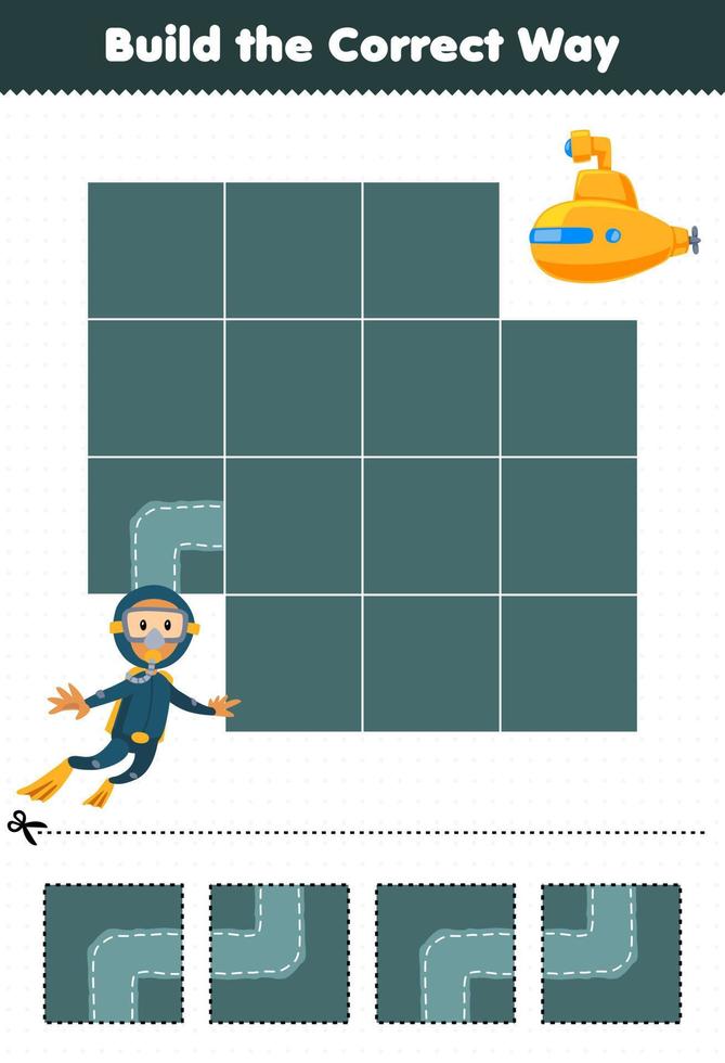 Education game for children build the correct way help cute cartoon diver move to submarine printable underwater worksheet vector