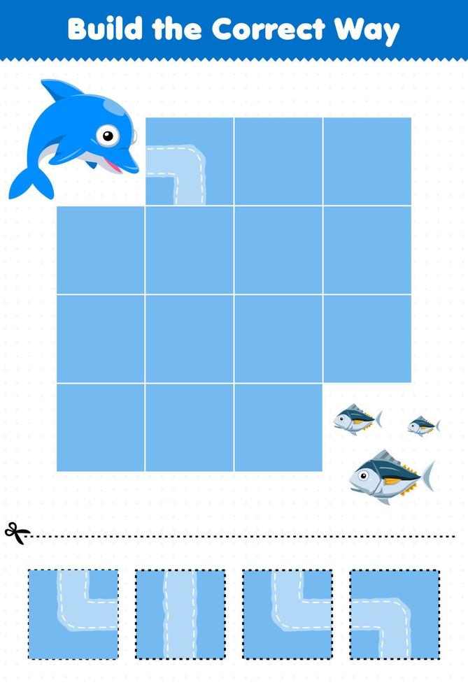 Education game for children build the correct way help cute cartoon dolphin move to tuna fish printable underwater worksheet vector