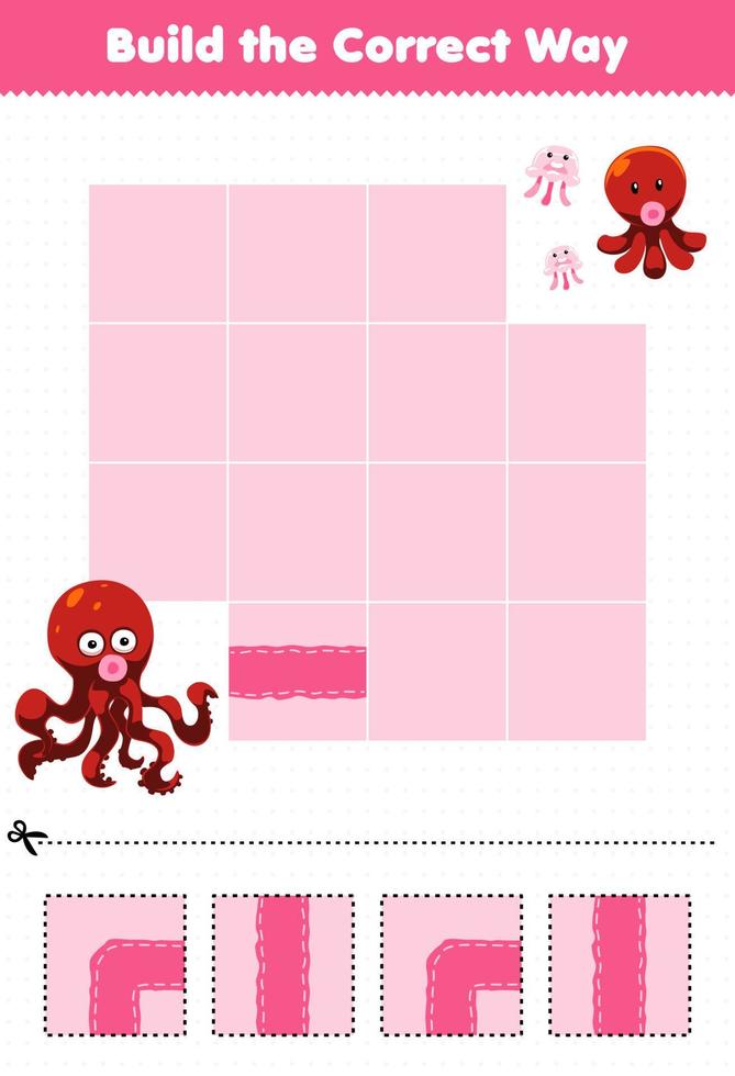 Education game for children build the correct way help cute cartoon octopus move to baby octopus and jellyfish printable underwater worksheet vector