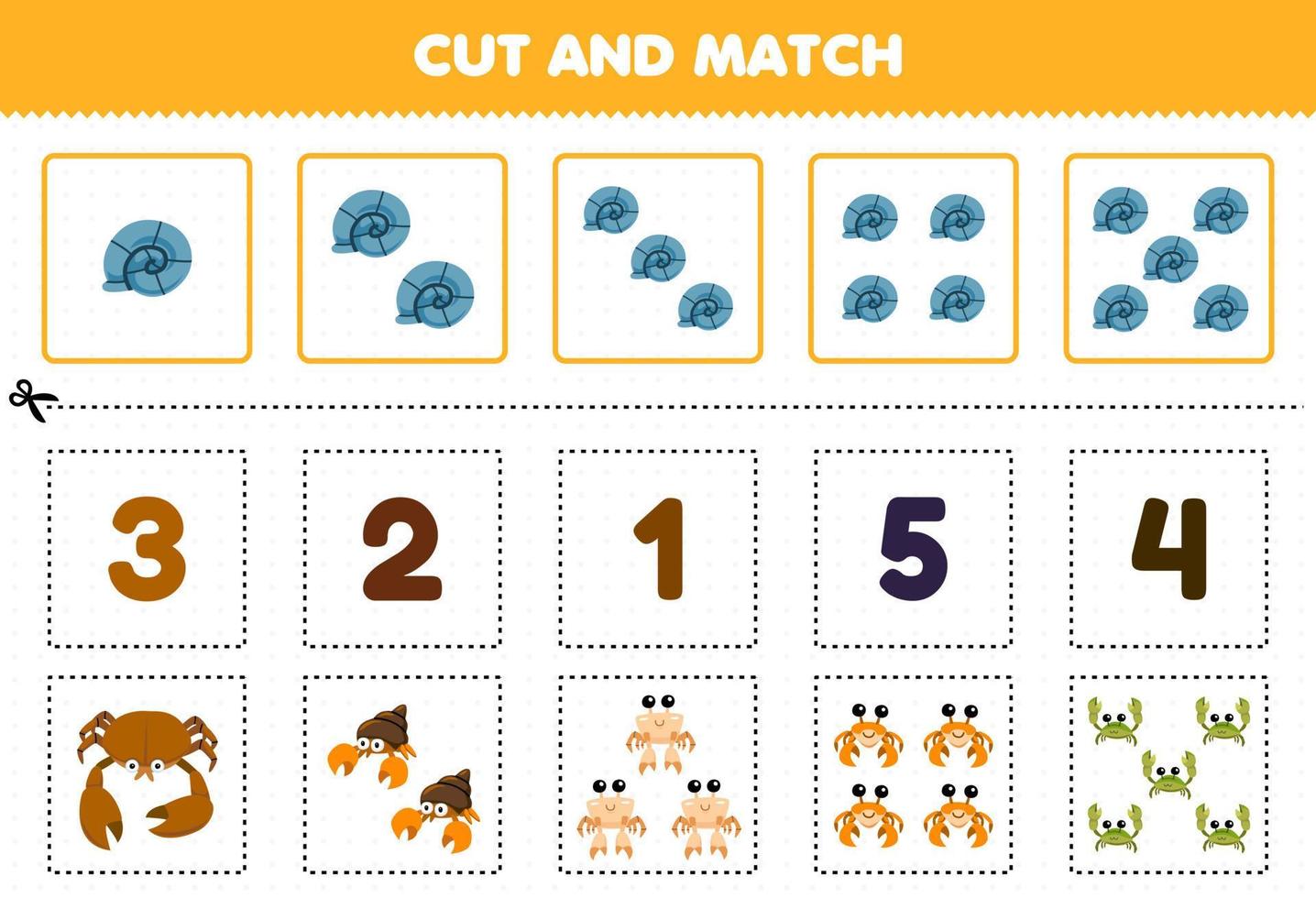 Education game for children cut and match the same number of cute cartoon crab and shell printable underwater worksheet vector