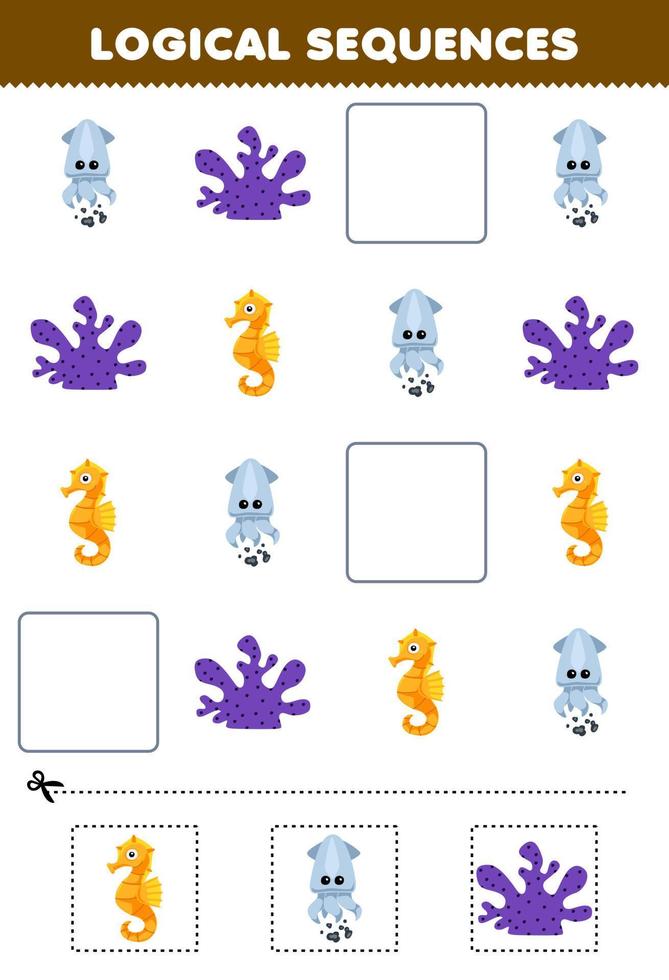 juego educativo para niños secuencias lógicas para niños con linda caricatura caballito de mar calamar coral hoja de trabajo subacuática imprimible vector