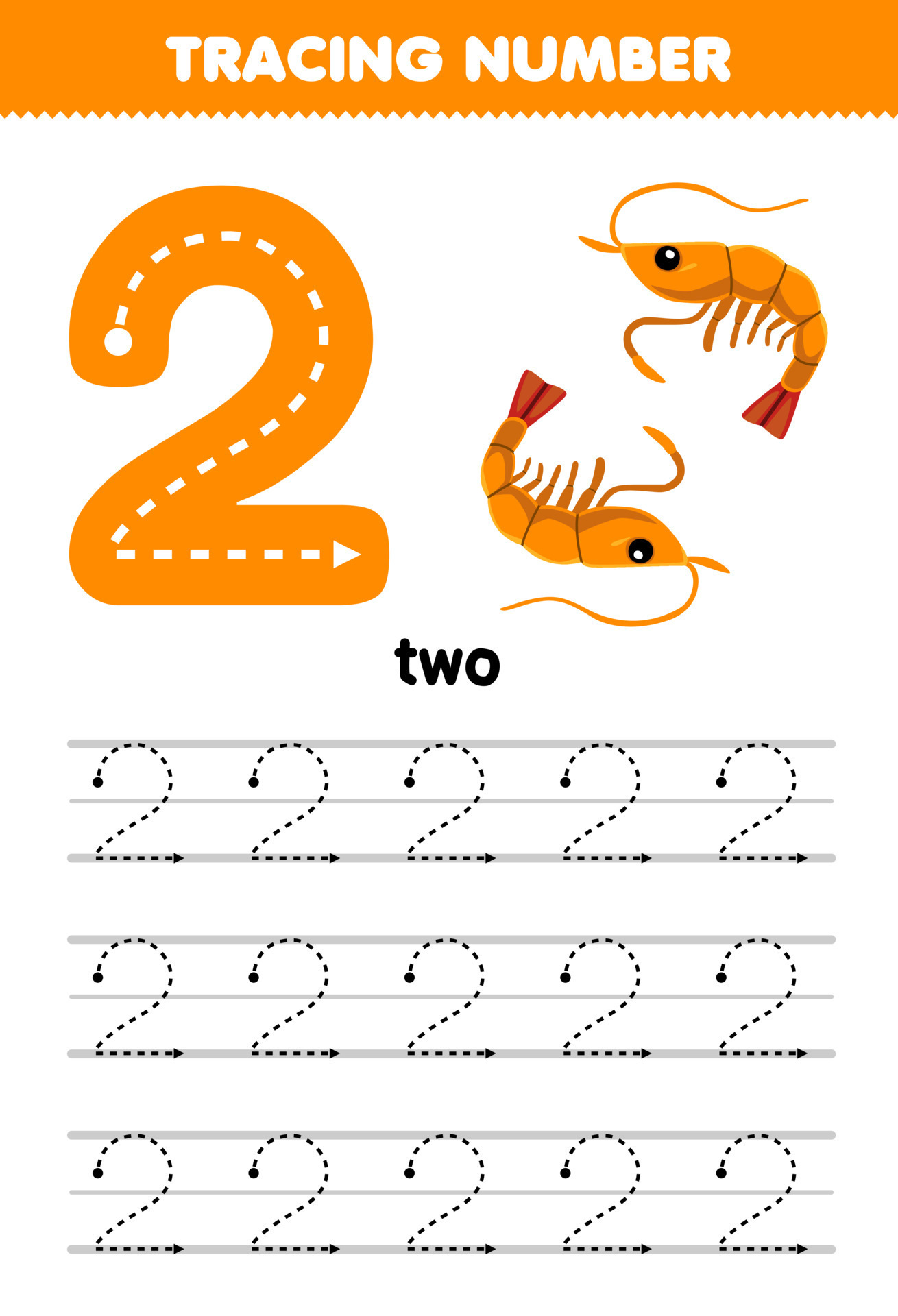 Education game for children tracing number two with cute cartoon shrimp