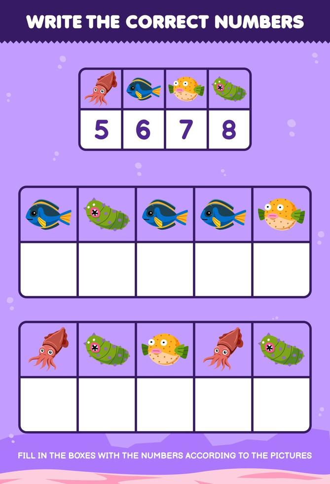 juego educativo para niños escribe los números correctos en el cuadro de acuerdo con las lindas sepias peces pepinos de mar imágenes en la mesa hoja de trabajo subacuática imprimible vector