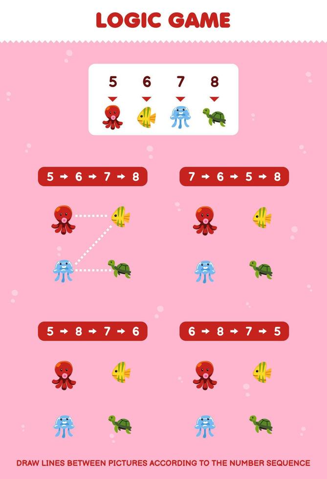 Education game for children draw lines according to the number sequences of cute cartoon octopus fish jellyfish turtle pictures printable underwater worksheet vector