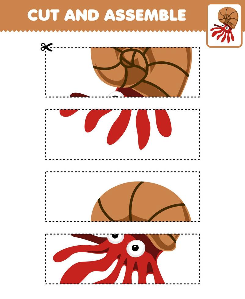 Education game for children cutting practice and assemble puzzle with cute cartoon nautilus mollusk printable underwater worksheet vector