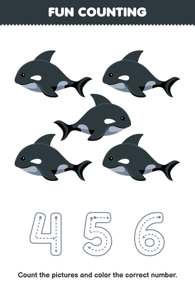 Education game for children count the pictures and color the correct number from cute cartoon orca printable underwater worksheet vector