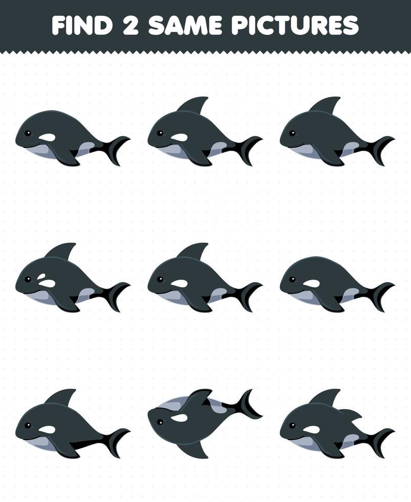 juego educativo para niños encuentra dos imágenes iguales de una linda orca de dibujos animados hoja de trabajo subacuática imprimible vector