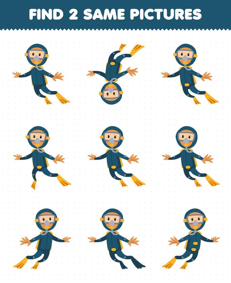 Education game for children find two same pictures of cute cartoon diver printable underwater worksheet vector