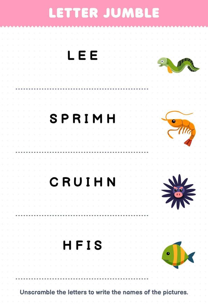 Education game for children letter jumble write the correct name for cute cartoon eel shrimp urchin fish printable underwater worksheet vector