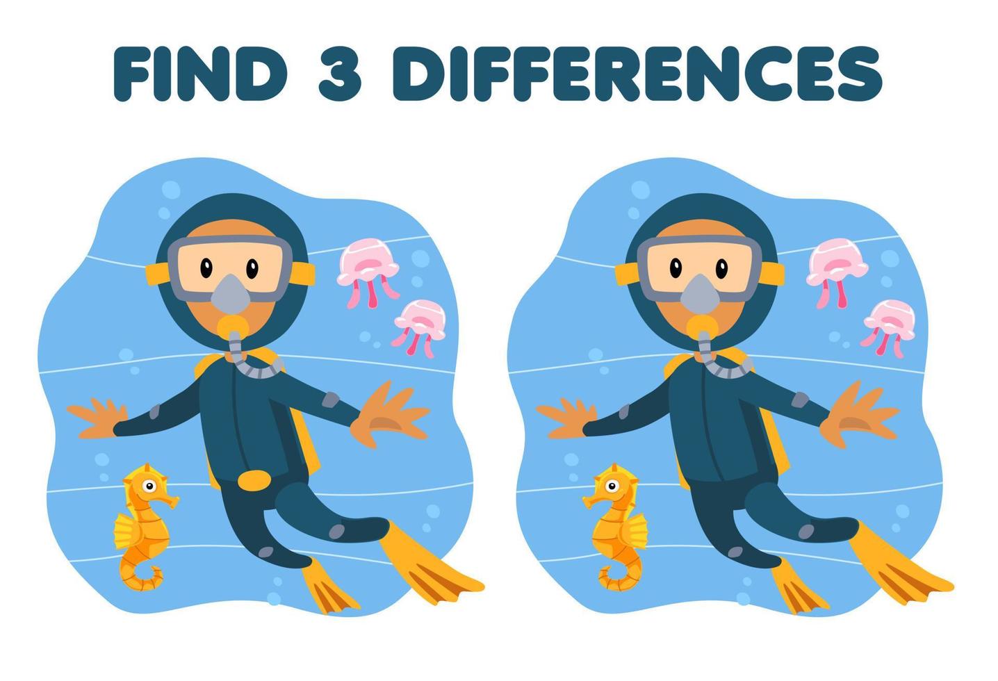 Education game for children find three differences between two cute cartoon diver with seahorse and jellyfish printable underwater worksheet vector