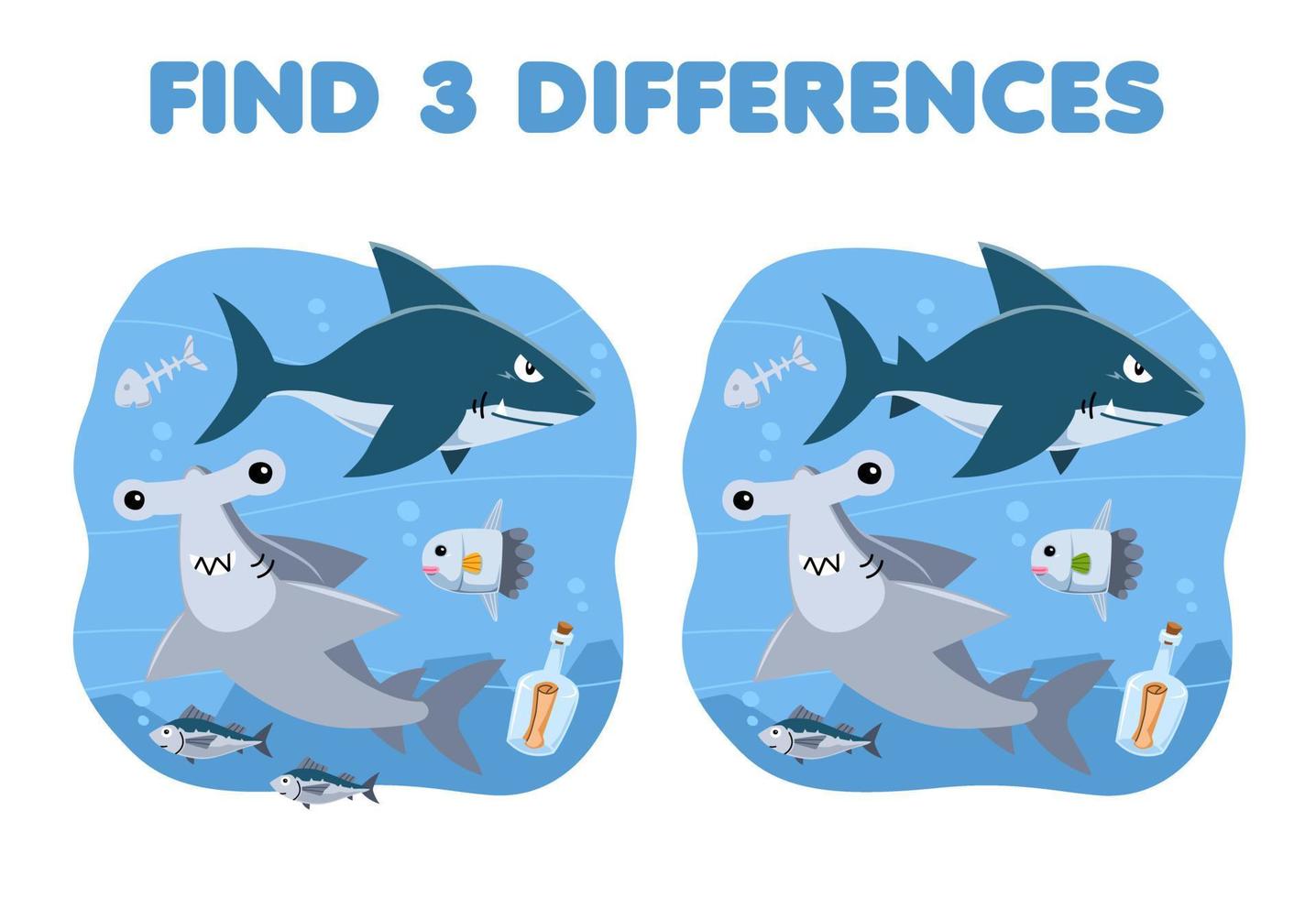 juego educativo para niños encuentra tres diferencias entre dos lindos dibujos animados tiburón martillo y pez luna hoja de trabajo subacuática imprimible vector