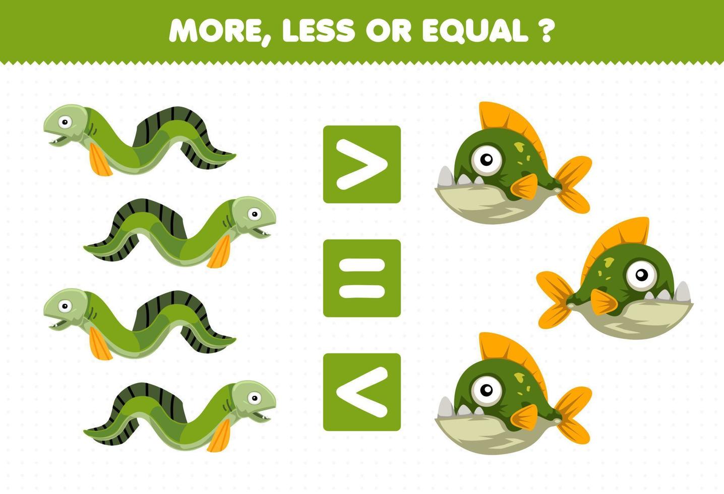 Education game for children more less or equal count the amount of cute cartoon eel and piranha printable underwater worksheet vector