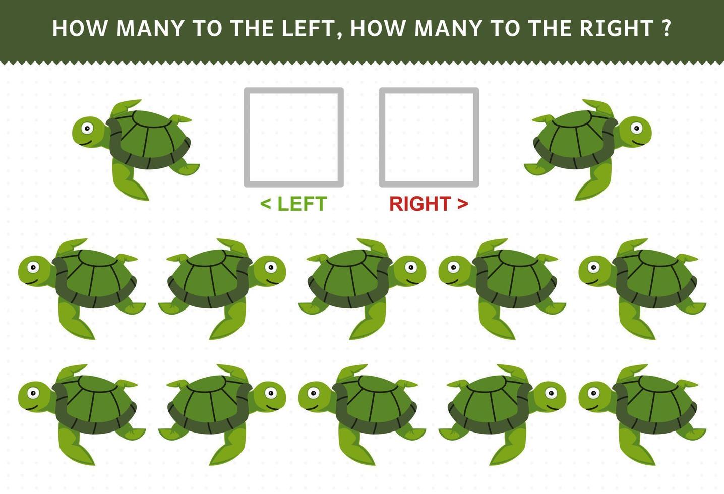 Education game for children of counting left and right picture of cute cartoon turtle printable underwater worksheet vector