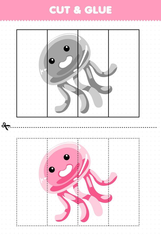 Education game for children cut and glue with cute cartoon jellyfish printable underwater worksheet vector