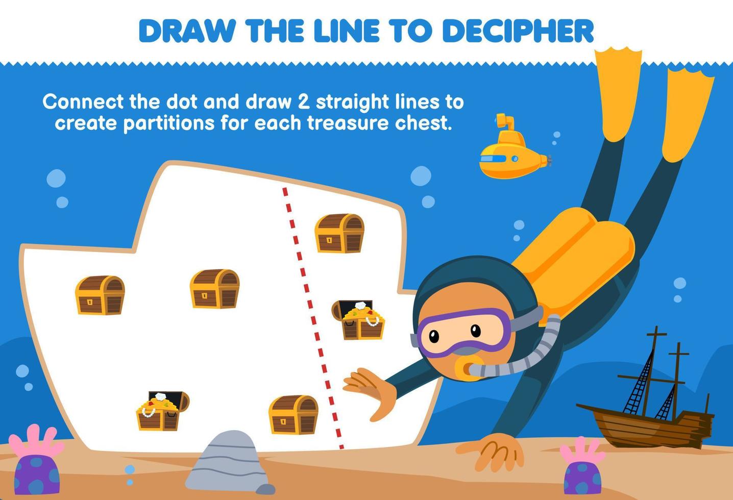 Education game for children help diver draw the lines to separate each treasure chest printable underwater worksheet vector