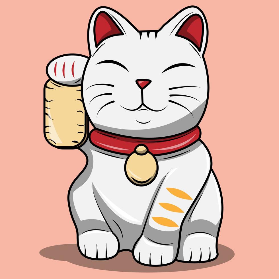 caricatura del gato maneki neko. ilustración vectorial de un gato gordo blanco con patas levantadas sosteniendo una moneda de oro. símbolo japonés de suerte, riqueza y prosperidad. vector