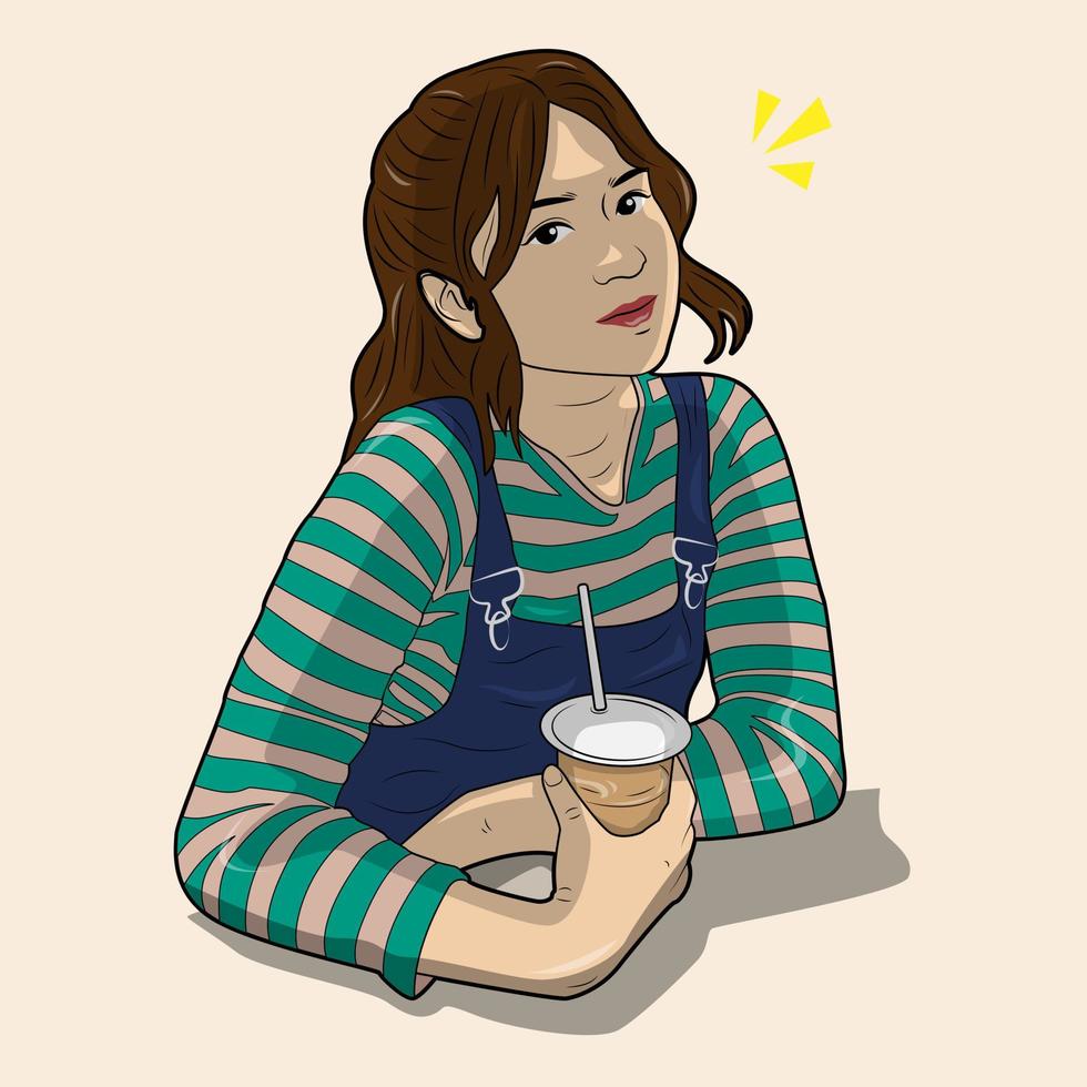 ilustración vectorial de una mujer hermosa sosteniendo un vaso de café vector