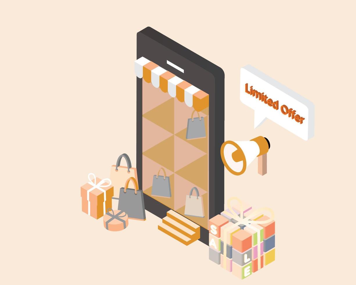 isometric discount sale banner template promotion for e-commerce with smartphone vector