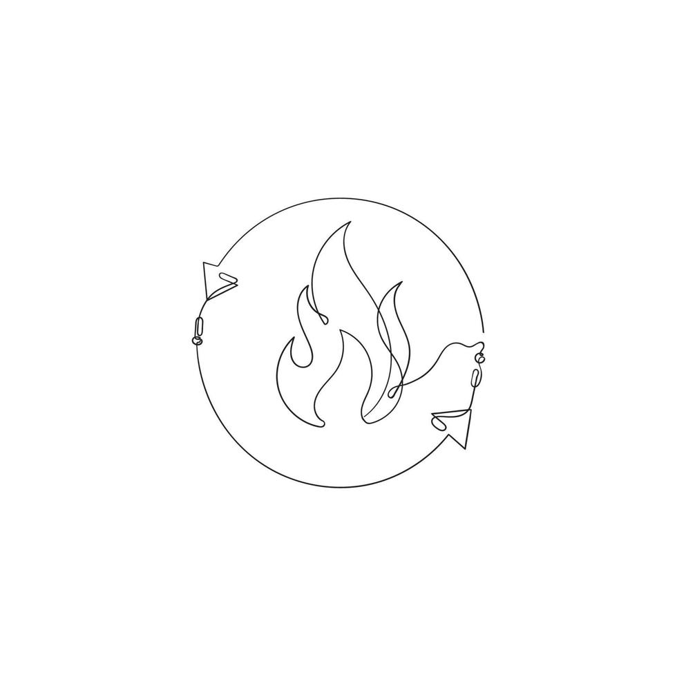 fuego de dibujo de línea continua con vector de ilustración de flecha de reciclaje