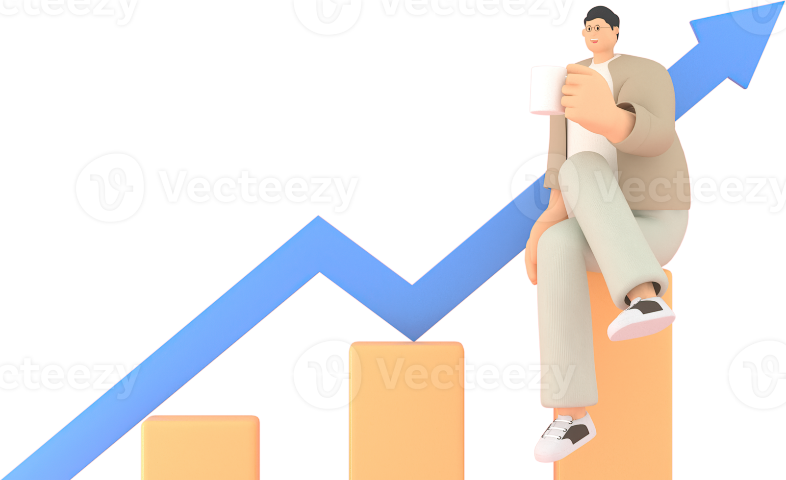 A man character siting  with The graph shows the stock up.  3d rendering of business models. png