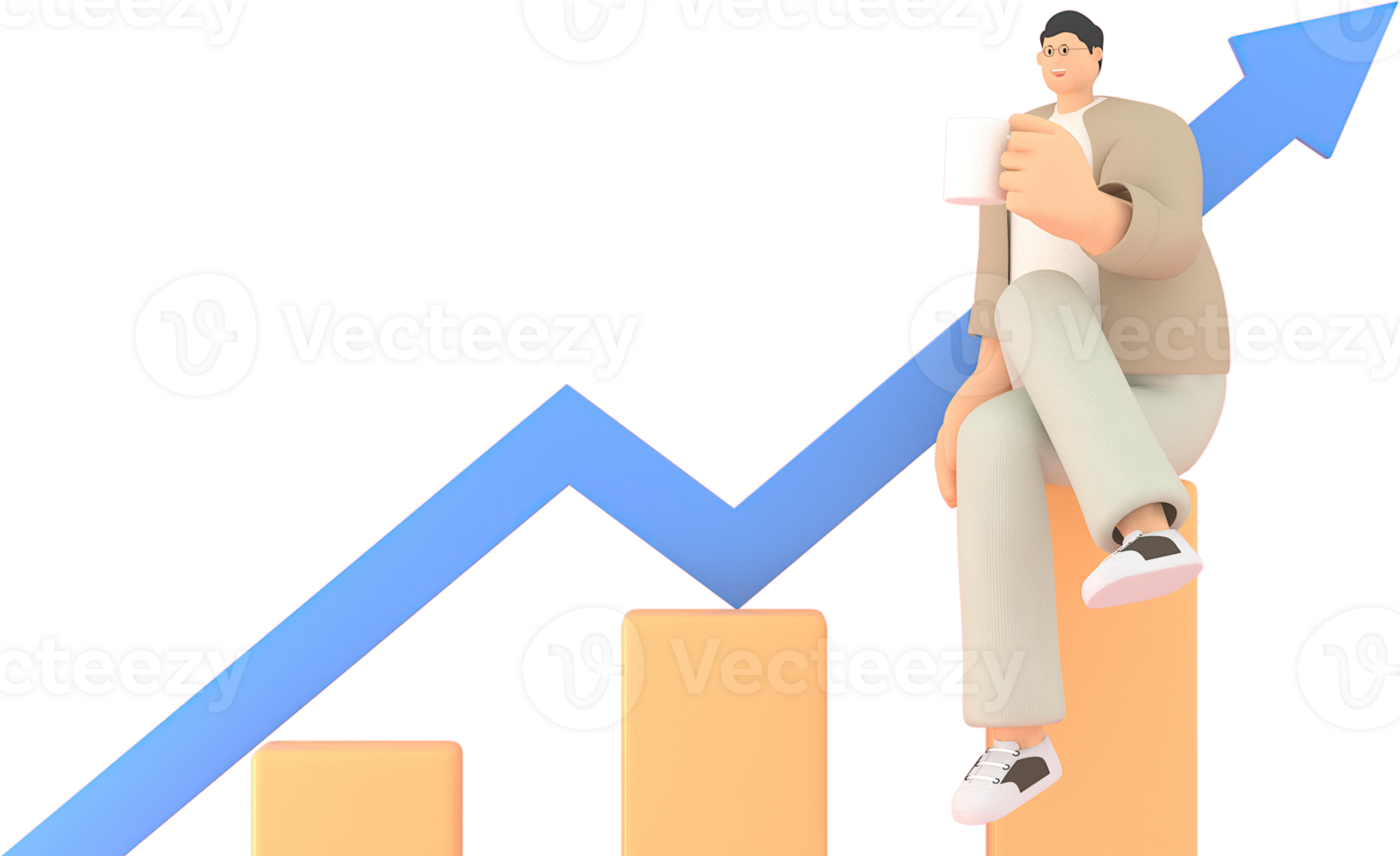 un personaje de hombre sentado con el gráfico muestra el valor de las acciones. Representación 3d de modelos de negocio. png