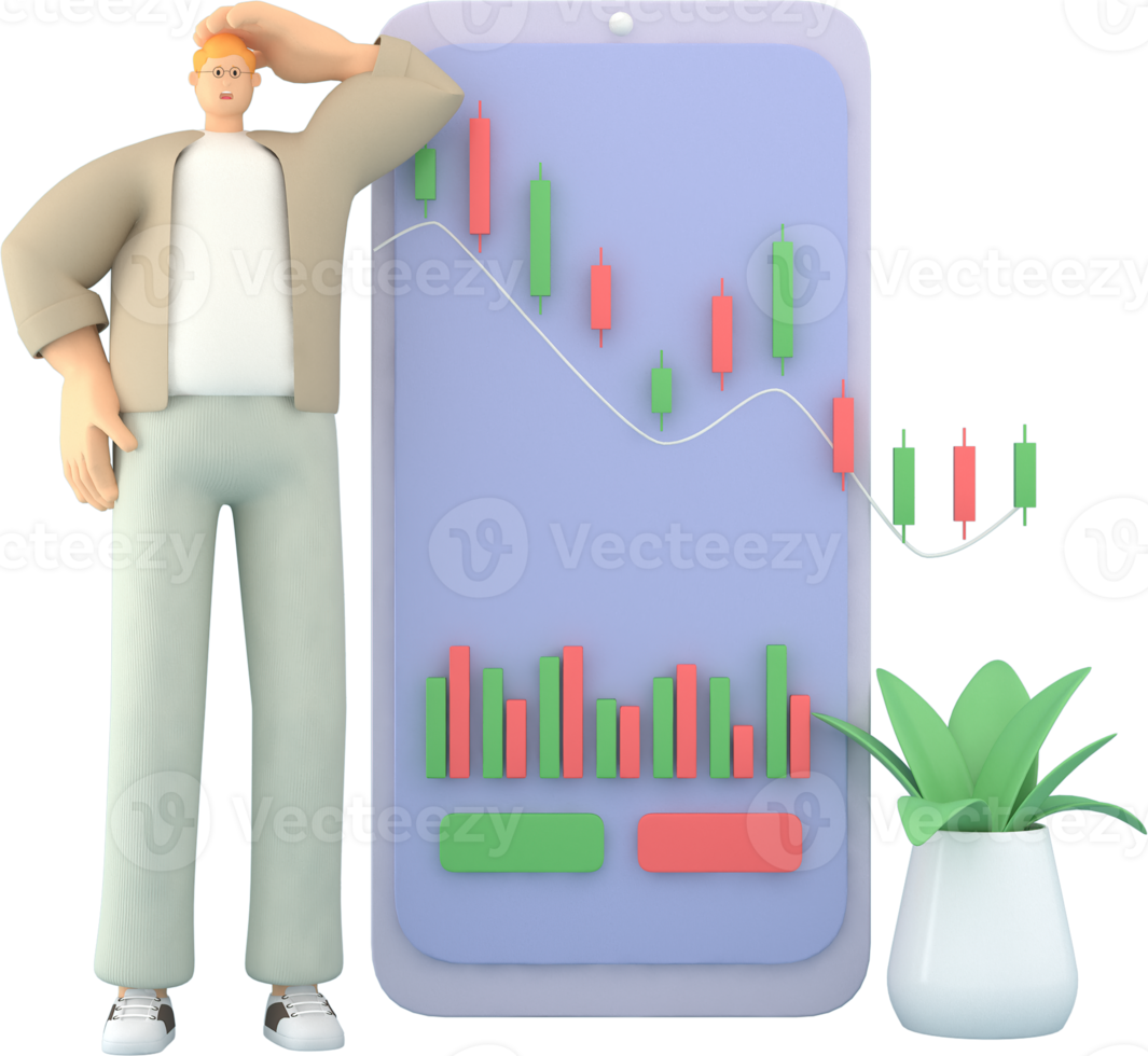 un' maschio personaggio presentazione il Infografica su mobile schermo. 3d interpretazione di attività commerciale Modelli png