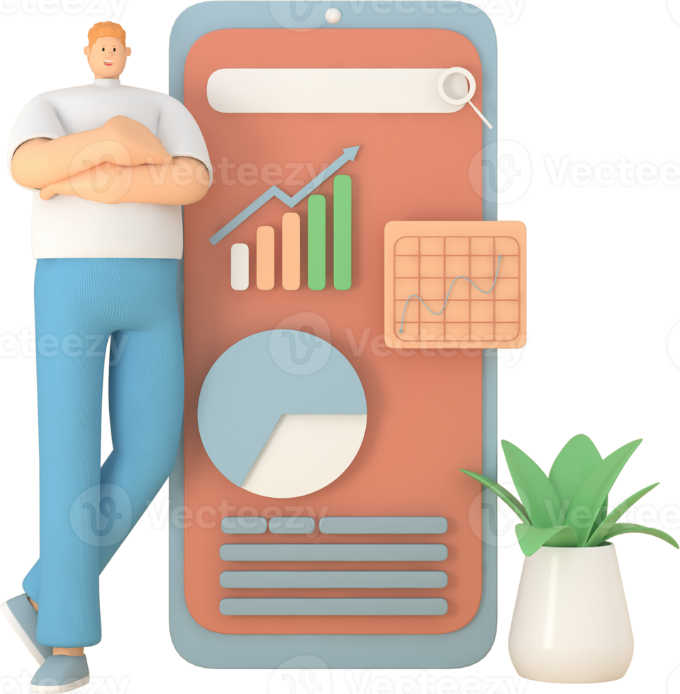 eine männliche Figur, die sich am Telefon lehnt. die Infografik-Präsentation auf dem mobilen Bildschirm. 3D-Rendering von Geschäftsmodellen png