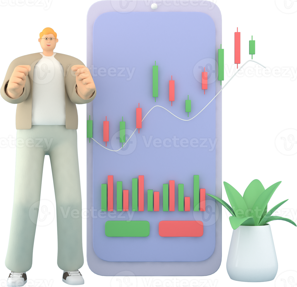 une présentation de personnage masculin l'infographie sur l'écran mobile. rendu 3D des modèles d'affaires png